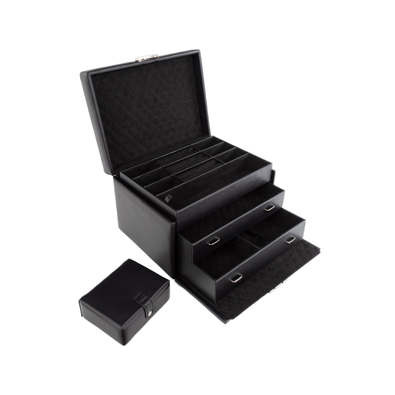 Black faux leather jewelry box with hinged lid, open compartments and drawer sections