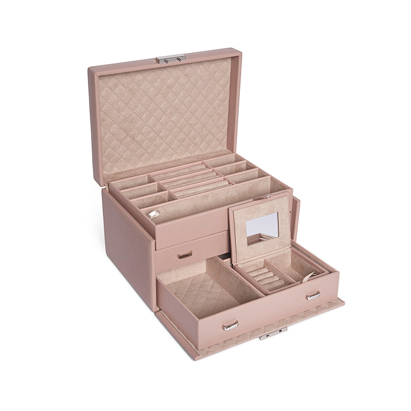Brouk & Co. Zoe pink faux leather jewelry box, open with padded compartments