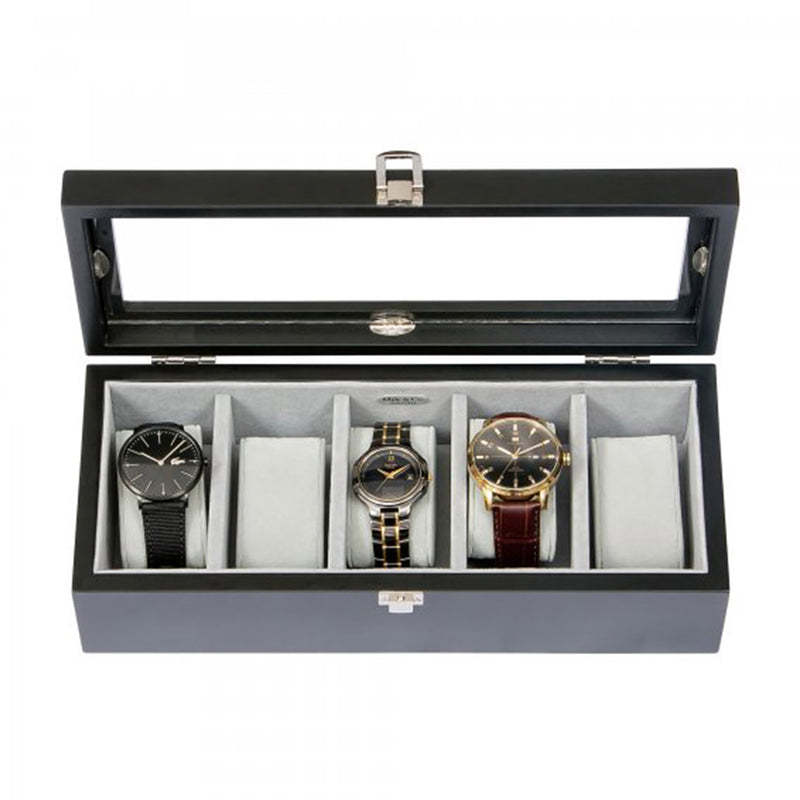 Java-finish wooden watch box open, holds four watches with gray foam inserts