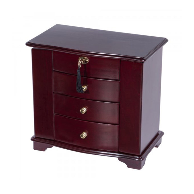 Cherry-finish wooden jewelry box cabinet with three drawers and gold-tone pull