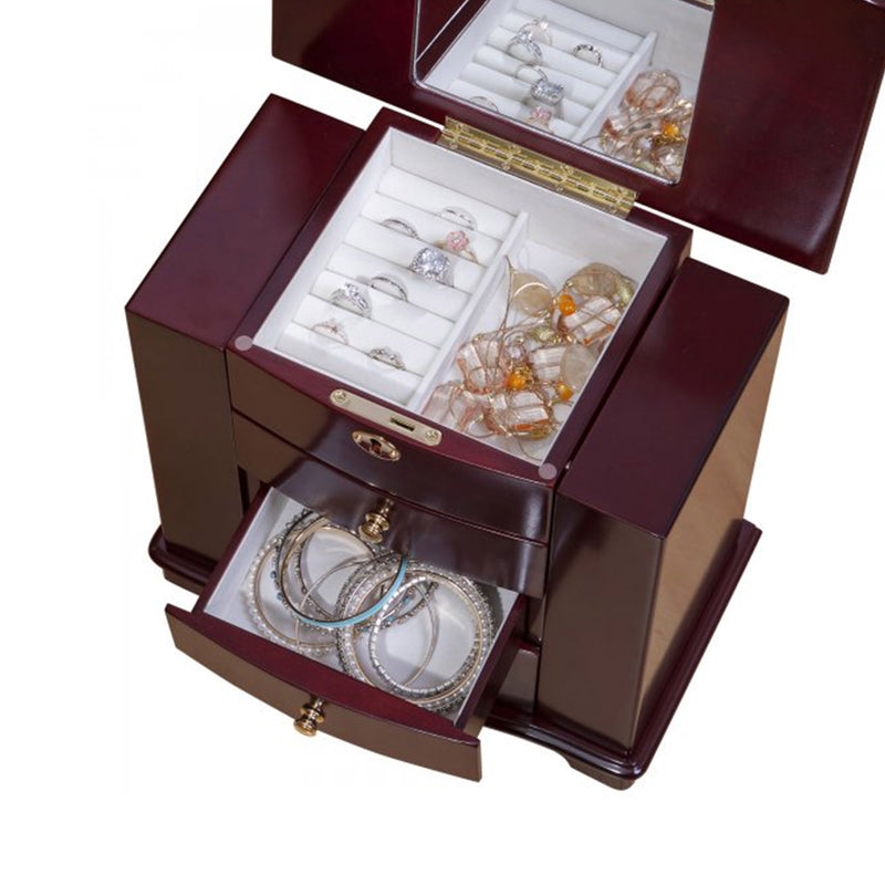 Cherry-finish wooden jewelry box open with ring and bracelet storage compartments