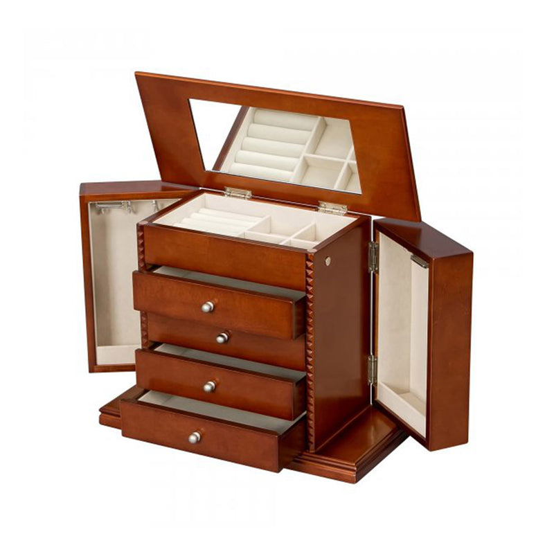 Walnut-finish wooden jewelry box with open lid, drawers, and ring compartments