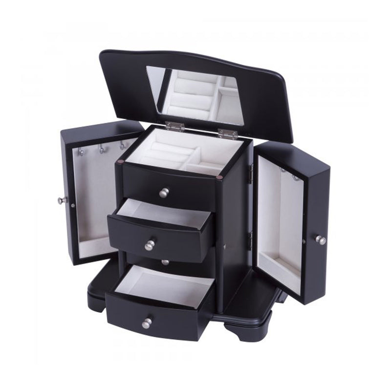 Mele & Co. Kennedy wooden jewelry box with compartments and drawers, open with white lining
