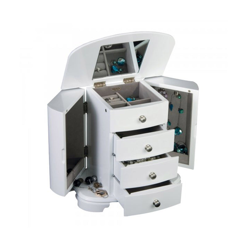 White-finish musical jewelry box with open compartments and three drawers