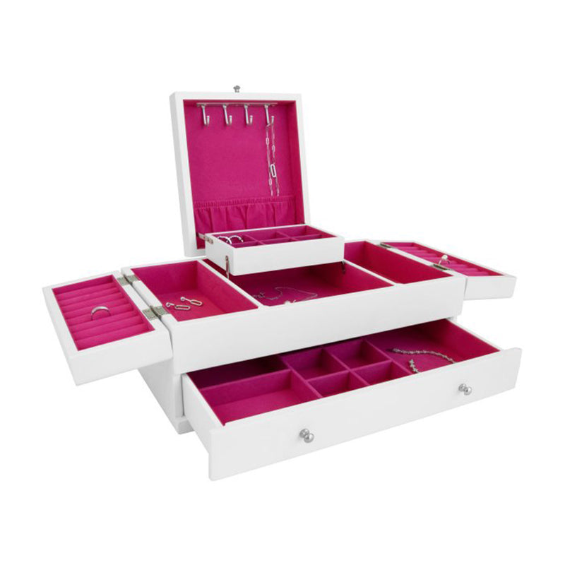 White-finish wooden jewelry box with open compartments and bright pink lining