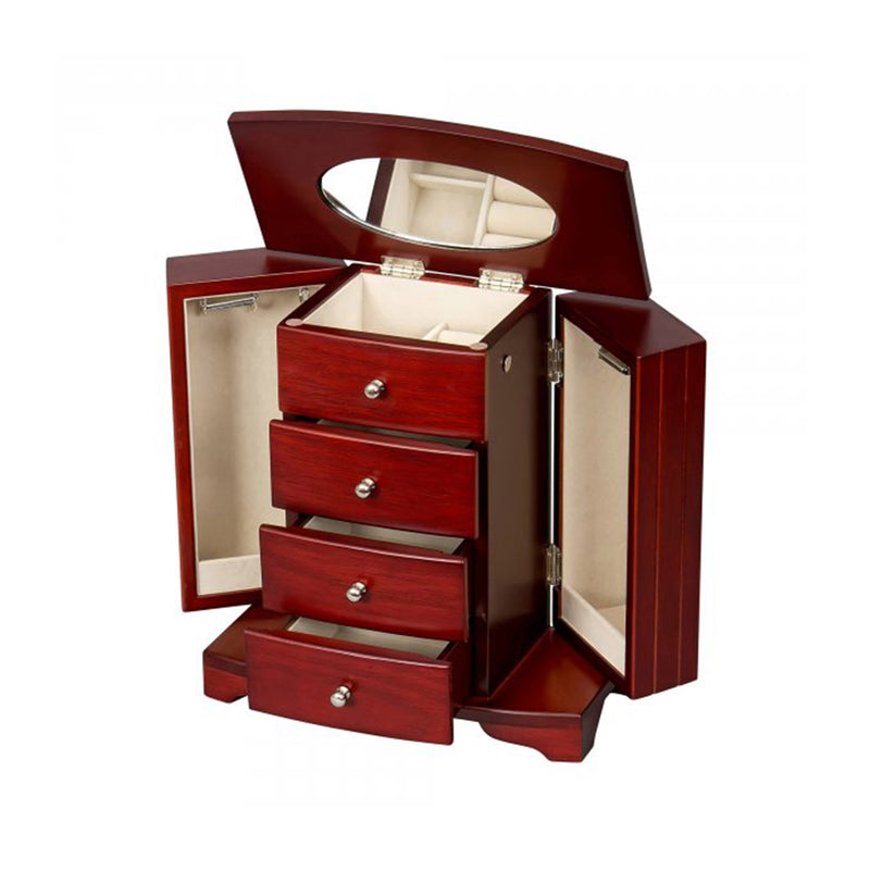 Mahogany-finish wooden jewelry box, open with three drawers and glass lid