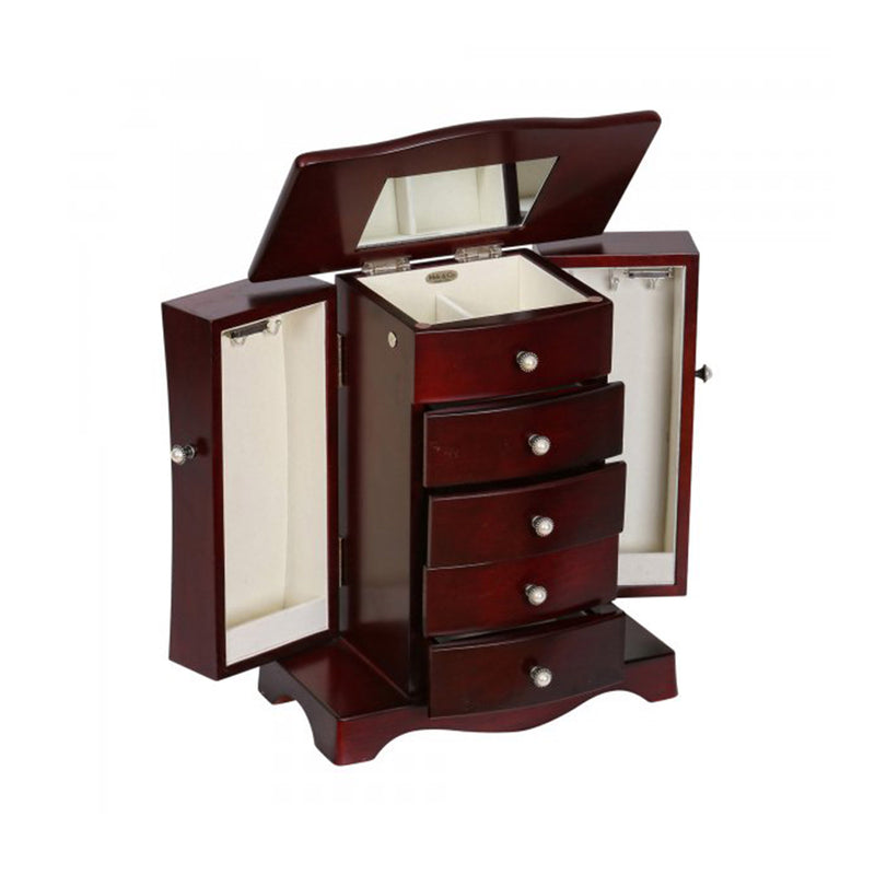 Mahogany-finish wooden jewelry box with hinged doors and four drawers, open view
