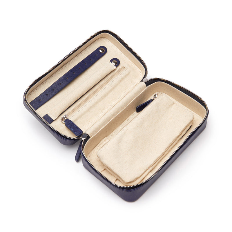 Brouk & Co. Luna navy faux leather travel jewelry case with zippered pouches and compartments