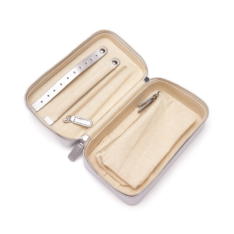Silver faux leather travel jewelry case with zip, open compartments and strap pockets