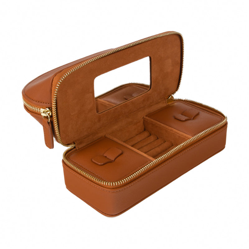 Brown faux leather travel jewelry organizer case, open with compartments and ring slots