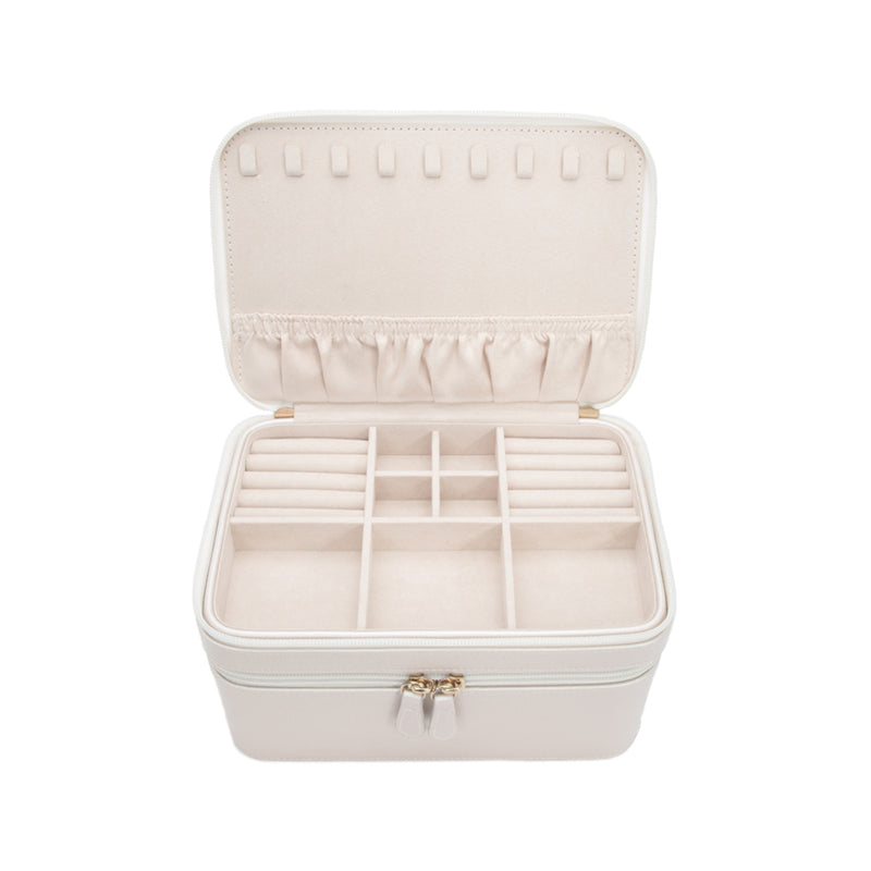 Brouk & Co. Abby pearl faux leather travel jewelry case, open with compartment dividers