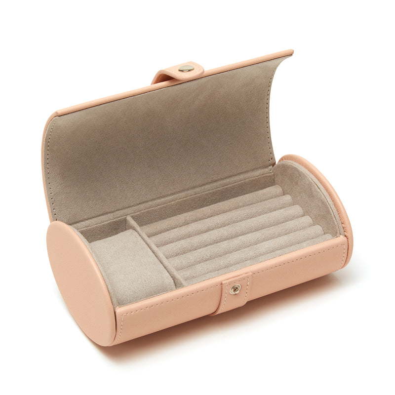 Brouk & Co. Riley pink faux leather jewelry roll, open with gray slot organizer