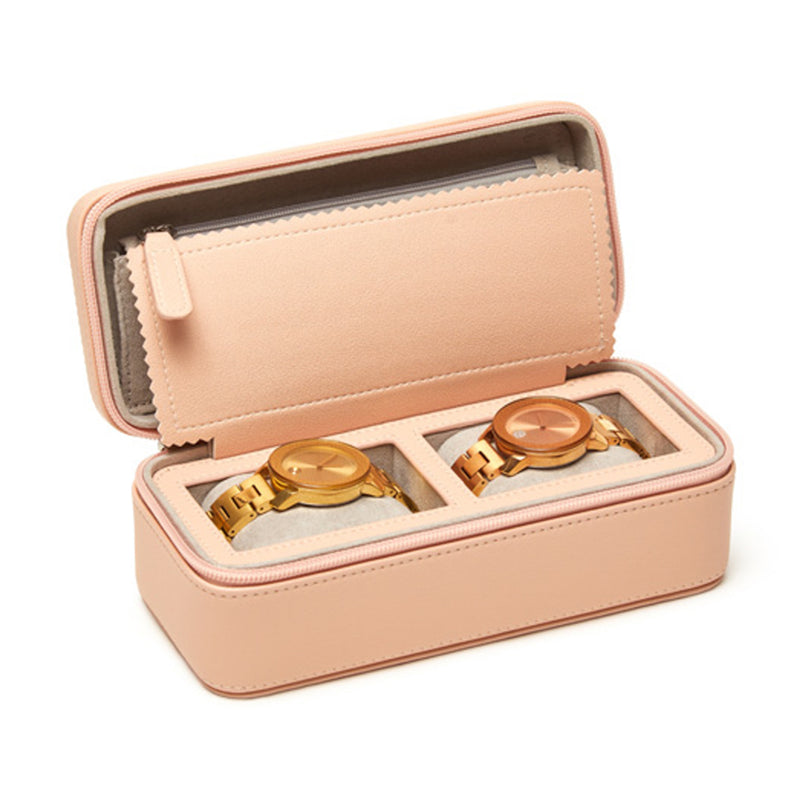 Brouk & Co. Riley pink faux leather travel watch case, open with two watch slots