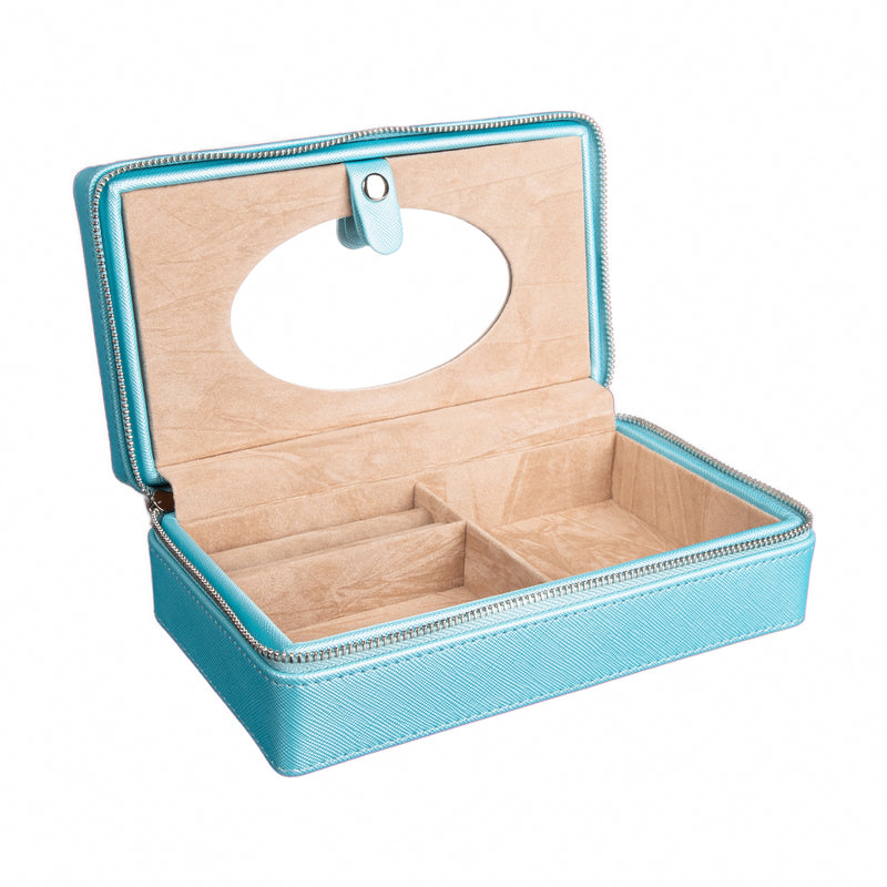 Brouk & Co. Madison jewelry case in baby blue faux leather, open with compartments