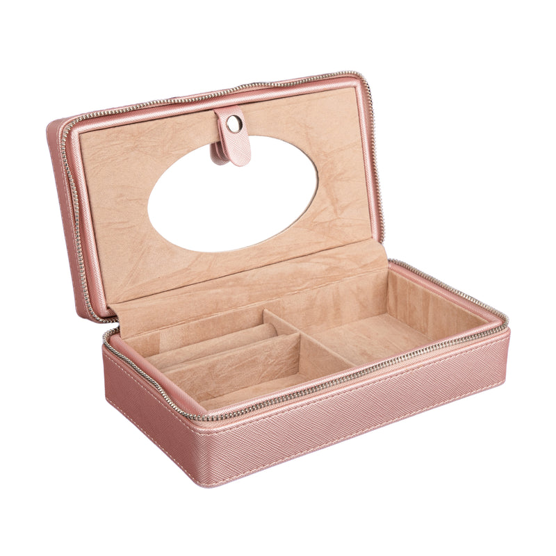 Pink faux leather jewelry case with open lid and padded compartments, zip closure