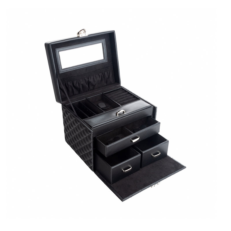 Brouk & Co. Leo black faux leather jewelry box, open with drawers and ring tray