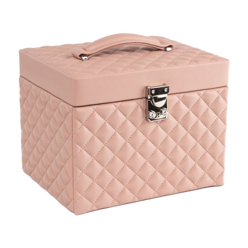 Blush quilted faux leather jewelry box with clasp and carry handle