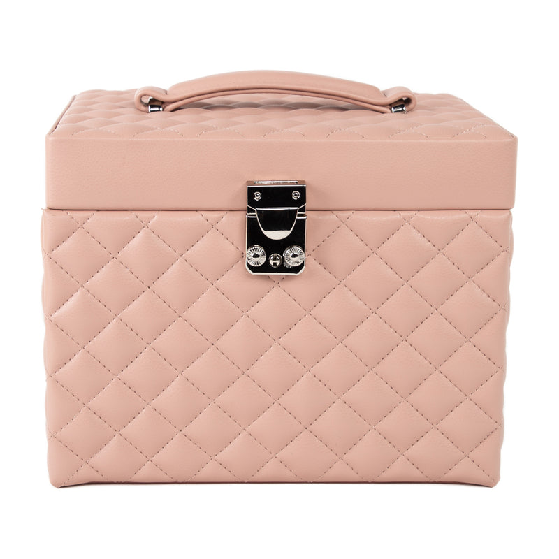 Blush quilted faux leather jewelry box with top clasp and curved handle