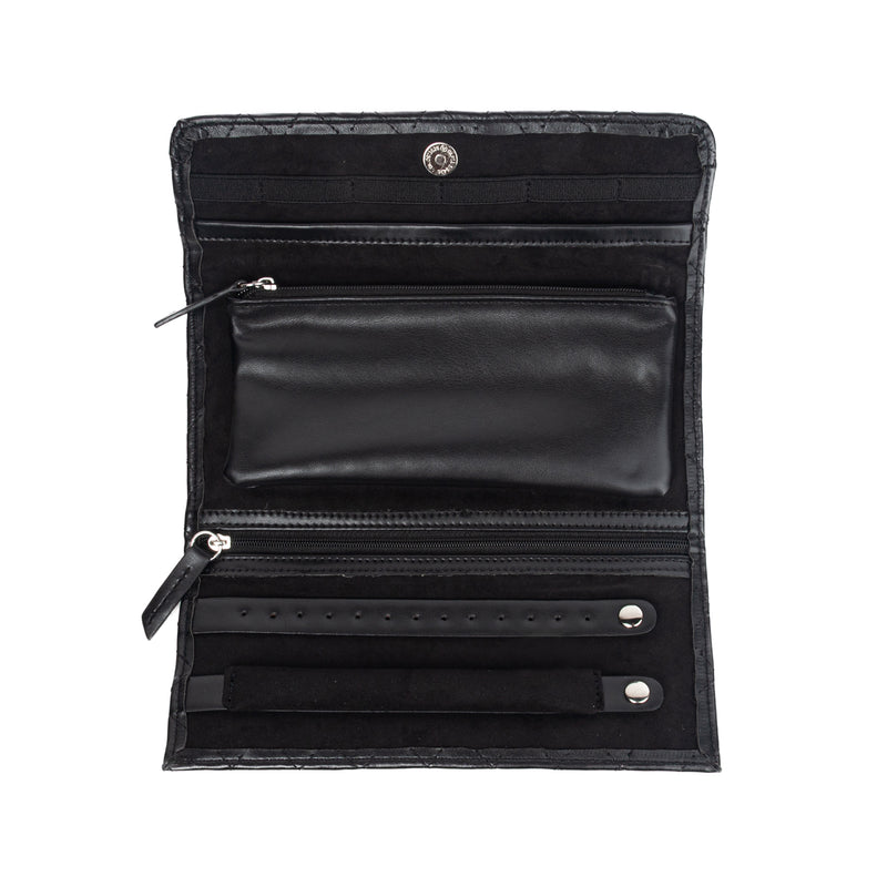 Black faux leather jewelry clutch with snap flap, zip pocket, and ring slots