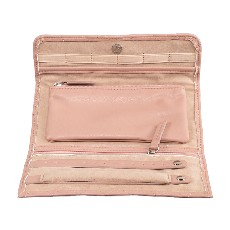 Blush faux leather travel jewelry clutch, open interior with elastic slots and snap closure.