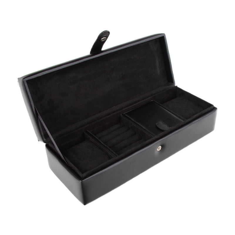 Brouk & Co. Leo black faux leather travel jewelry box, open with divided compartments