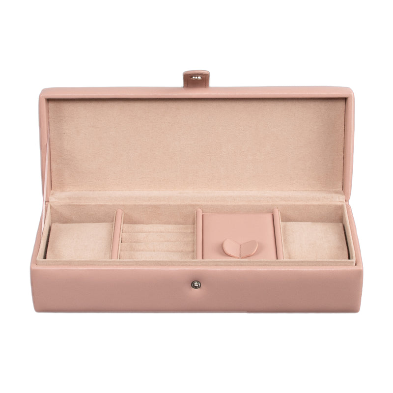 Brouk & Co. Leo blush faux leather travel jewelry box, open with compartments and ring pad