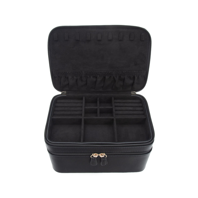 Brouk & Co. Abby black faux leather travel jewelry case, open organizer compartments