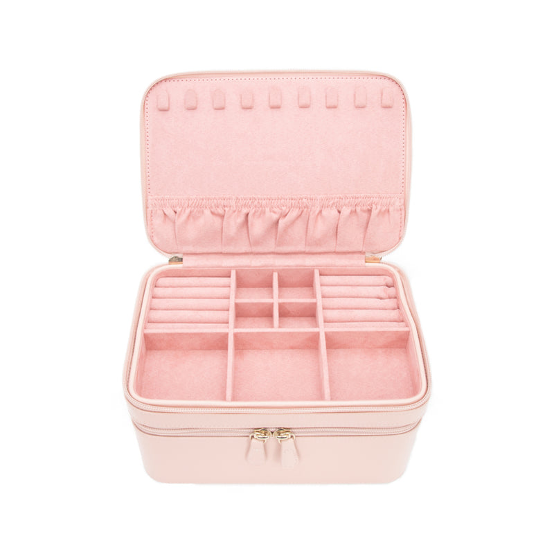 Brouk & Co. pink faux leather travel case, open with divided organizer and zip closure