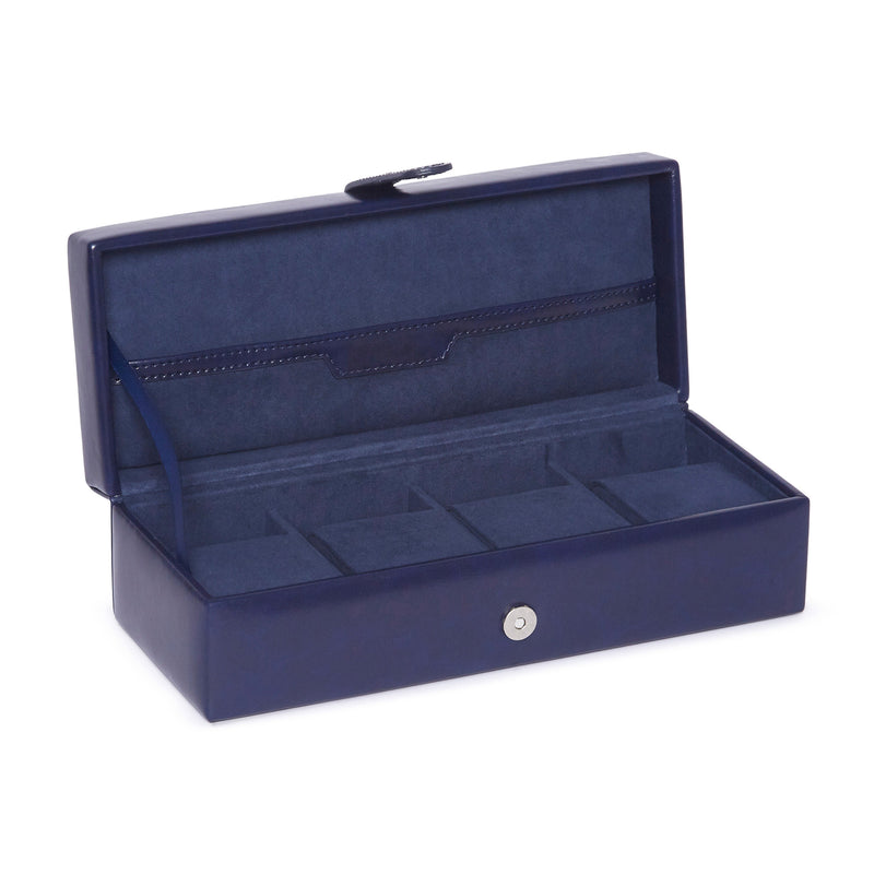 Brouk & Co. Edwin navy faux leather travel watch box, open with hinged lid and watch slots