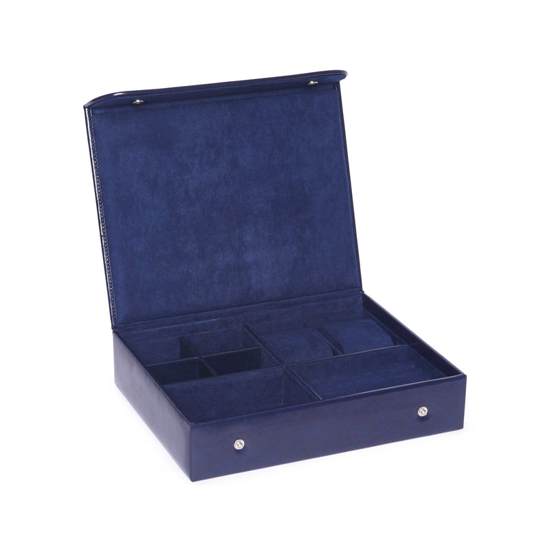 Navy faux leather travel jewelry box with hinged lid and interior compartments