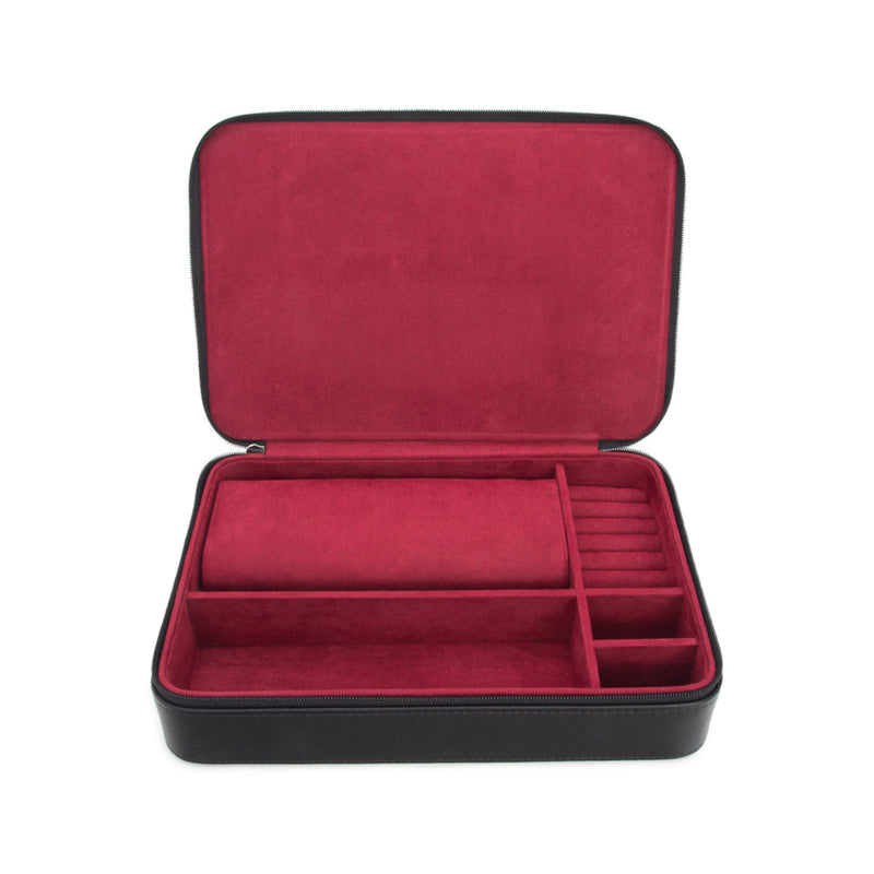 Black faux leather jewelry case with burgundy interior, open compartments for travel storage