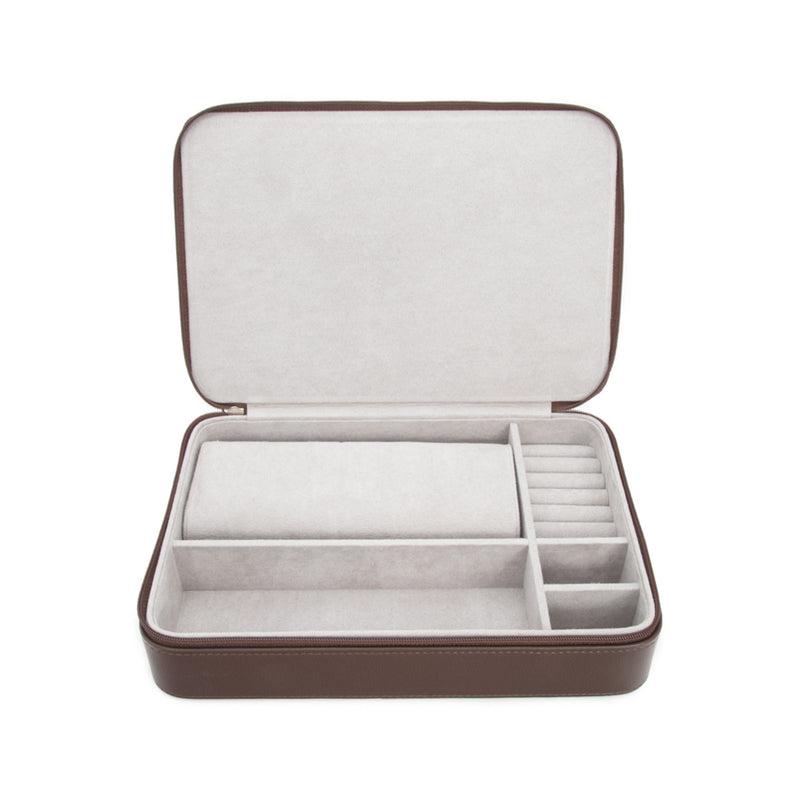 Brouk & Co. Miles faux leather travel jewelry case, chocolate-brown, open with compartments