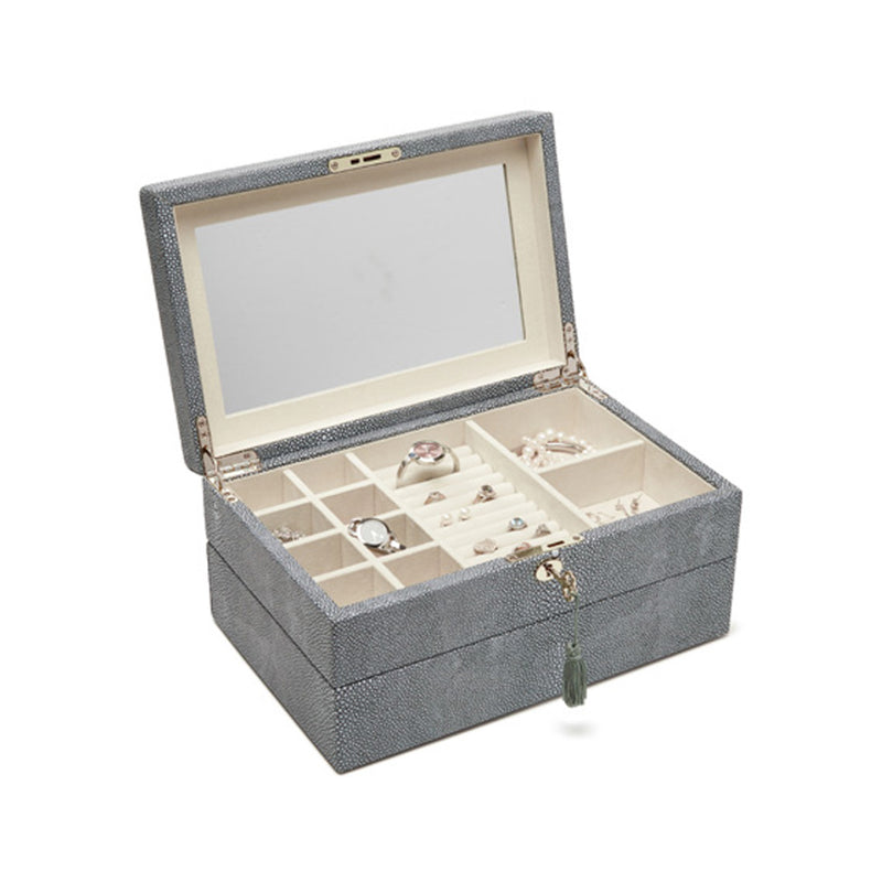 Brouk & Co. Aiden two-level gray faux leather jewelry box, open with compartments