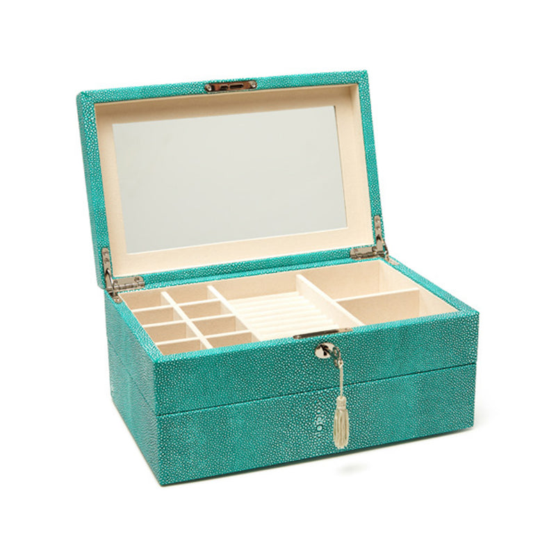 Brouk & Co. Aiden teal-green shagreen faux leather jewelry box, open with compartments