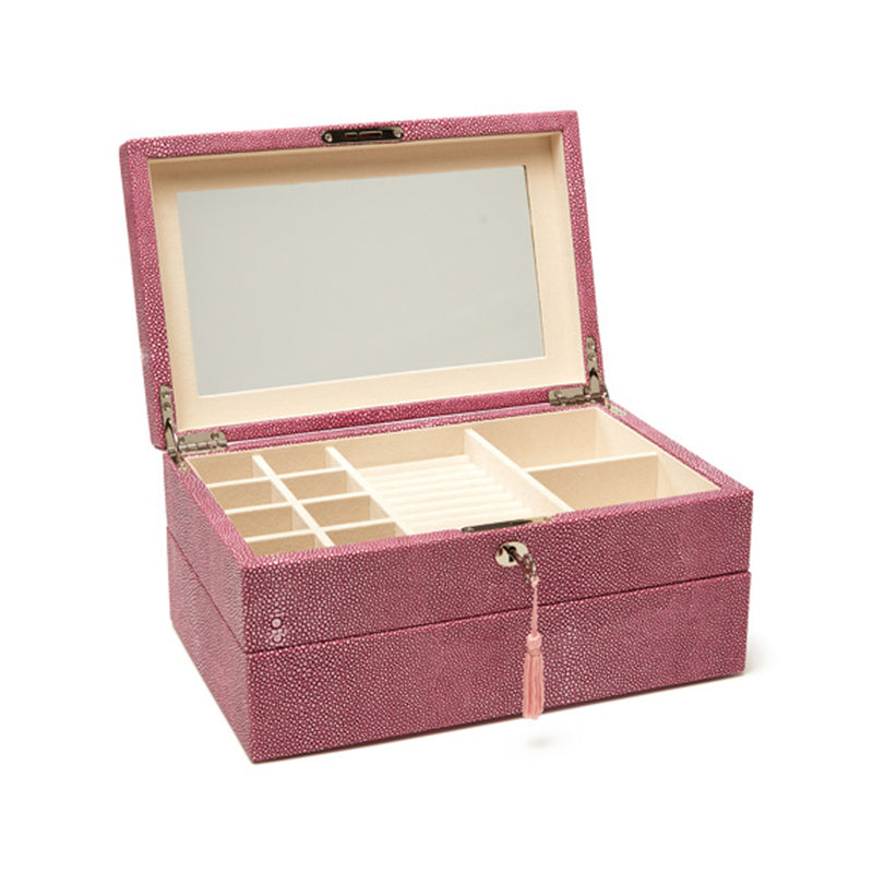 Brouk & Co. pink faux leather two-level jewelry box with open lid and compartment trays