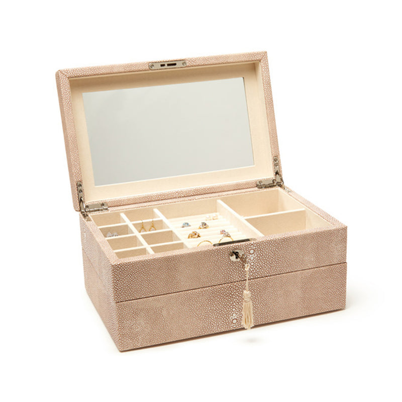Brouk & Co. two-level jewelry box in light-brown shagreen faux leather, open with compartments