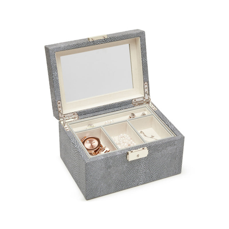 Brouk & Co. gray shagreen faux leather jewelry box, lid open