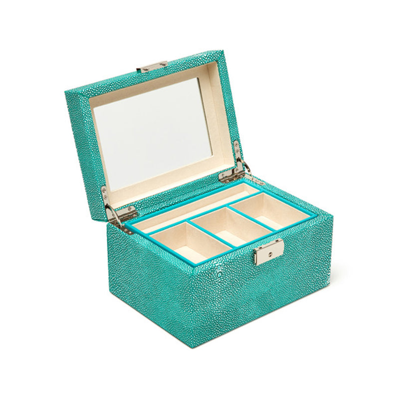 Brouk & Co. Aiden green faux leather jewelry box, open with four compartments