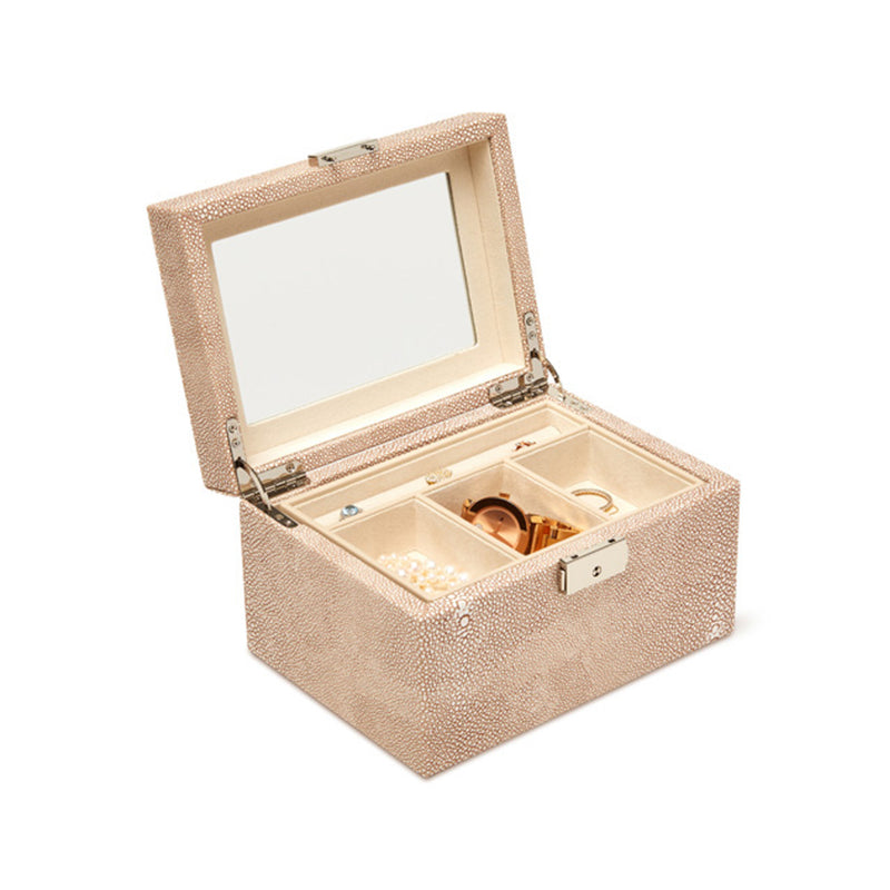 Brouk & Co. Aiden light-brown shagreen faux leather jewelry box, open with compartments