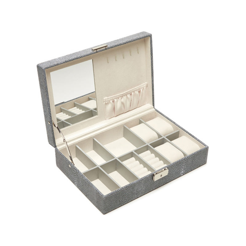 Gray shagreen faux leather jewelry box with single hinge, open interior with compartments