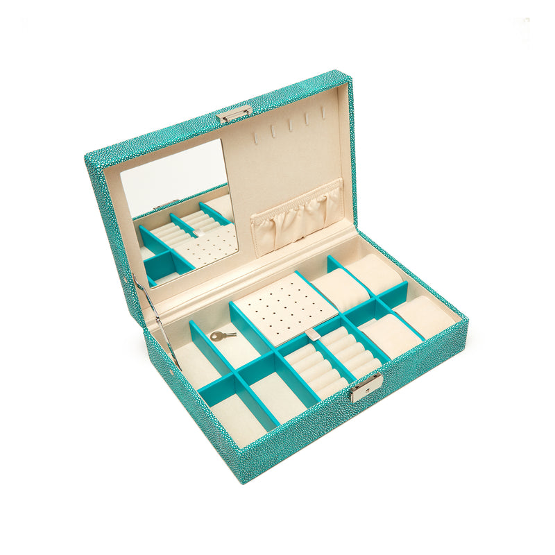 Brouk & Co. Aiden green faux leather jewelry box, open with teal compartments