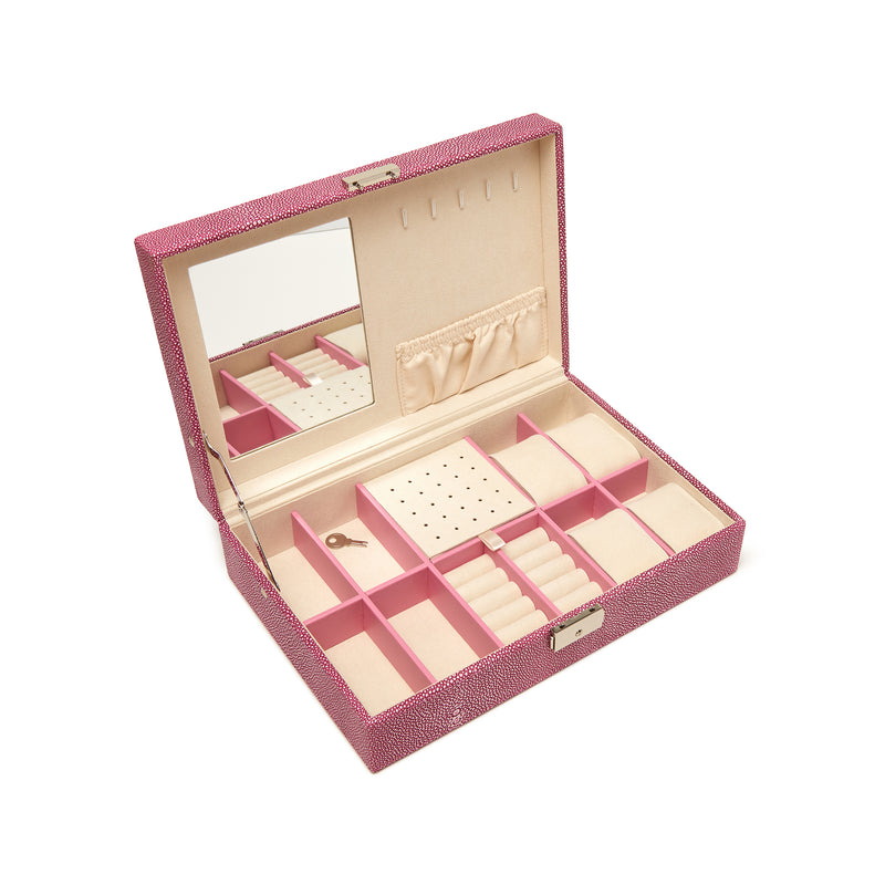 Brouk & Co. Aiden pink shagreen faux leather jewelry box, open with compartments