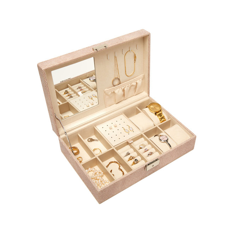 Light-brown faux leather shagreen jewelry box with single hinge, open compartments for rings, etc.