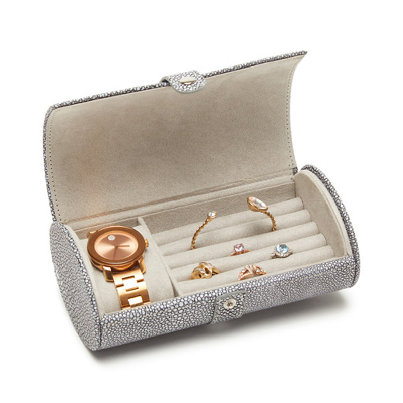 Gray shagreen faux leather travel jewelry roll, open with ring and bracelet compartments