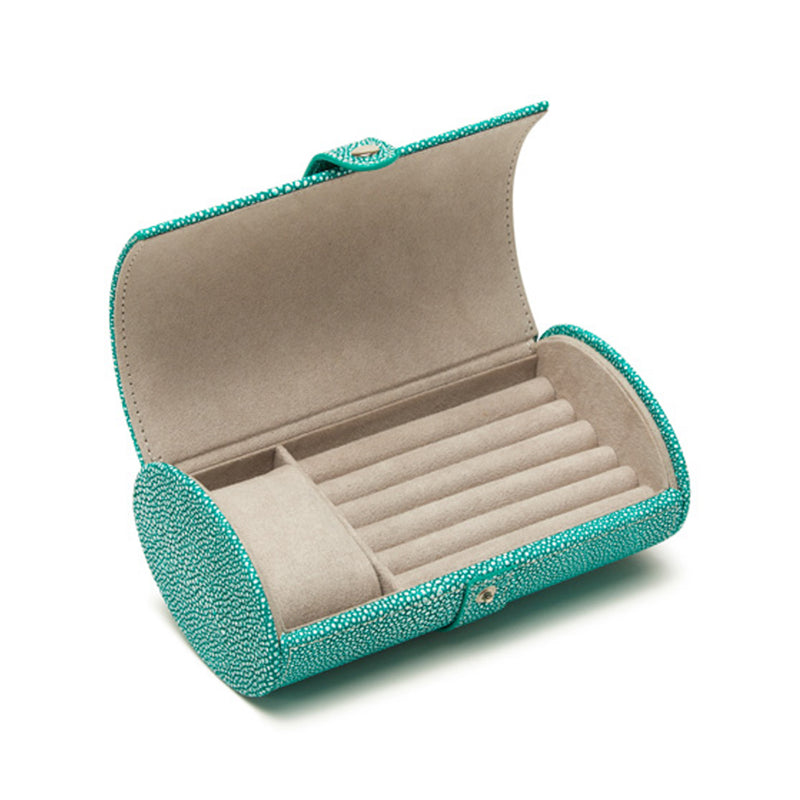 Brouk & Co. Aiden green shagreen faux leather jewelry roll, open with ring slots