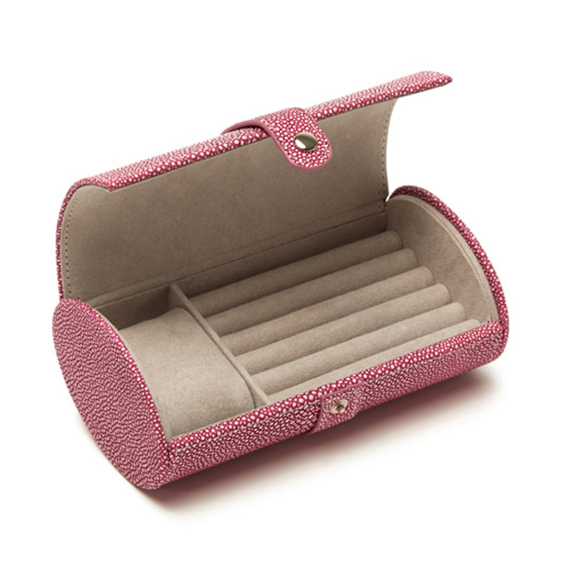 Brouk & Co. Aiden pink faux leather travel jewelry roll, open with padded ring slots