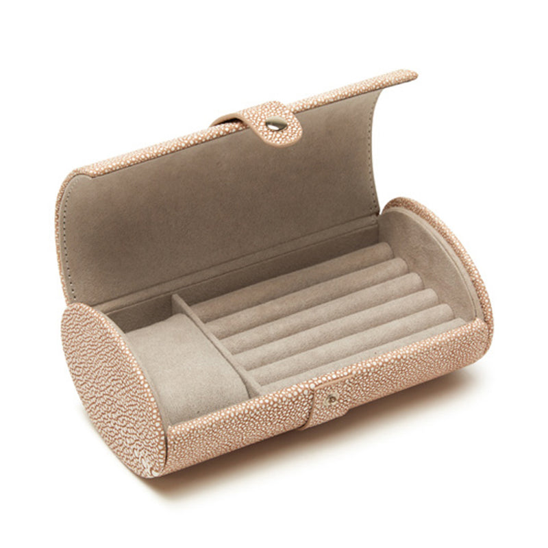 Brouk & Co. Aiden light-brown faux leather jewelry roll, open with elastic compartments