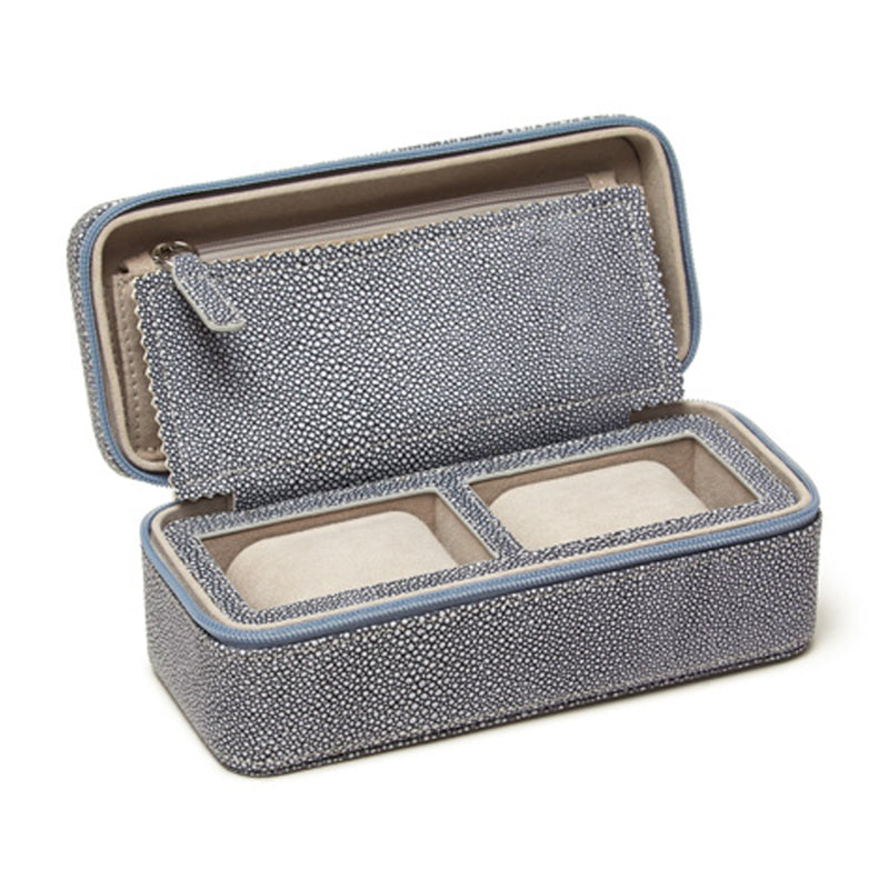 Brouk & Co. gray shagreen faux leather watch case, open with two padded slots