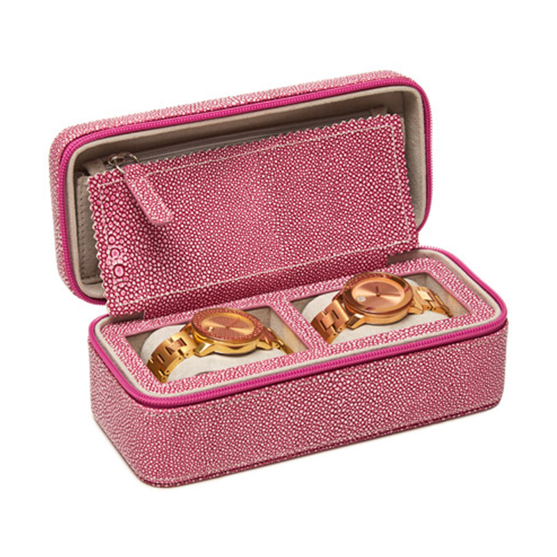 Brouk & Co. pink faux leather travel watch case, open with two watch compartments