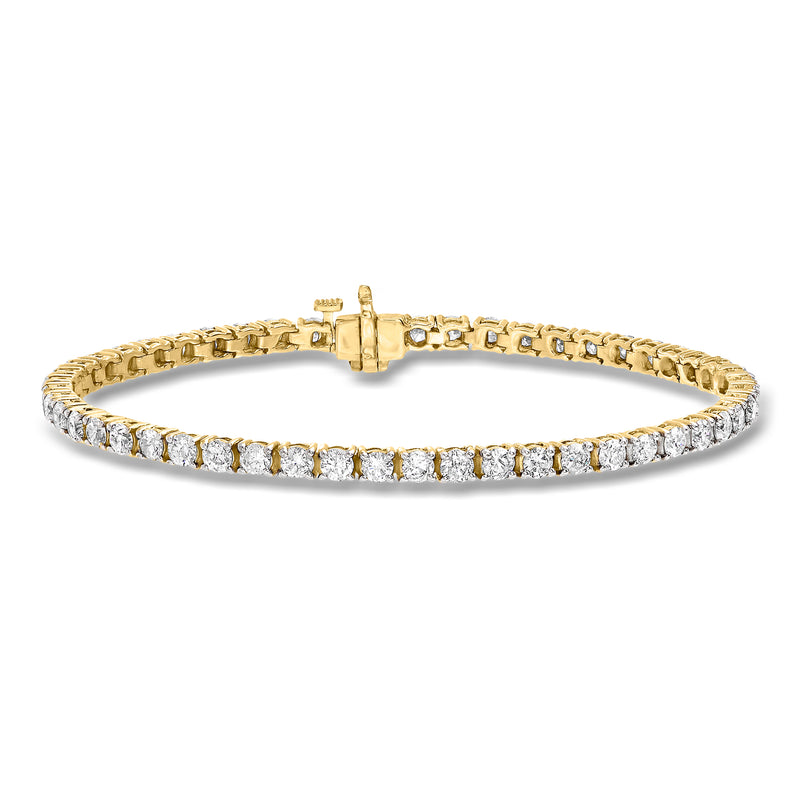 14kt yellow gold diamond tennis bracelet with round stones, hinged clasp